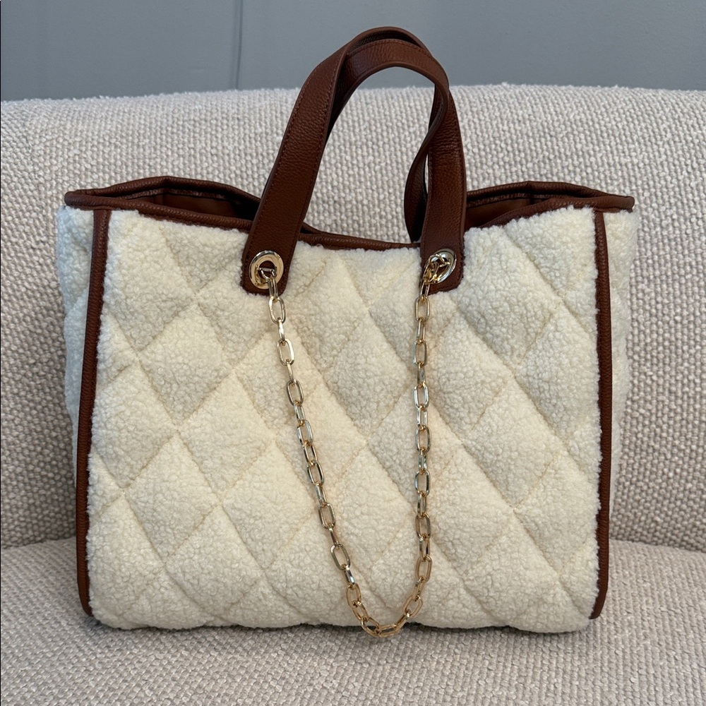 Shiraleah Cream and Brown Quilted Tote with Gold Chain
